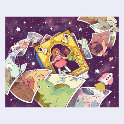 Illustration of 2 small kids peeking out of a book in outer space, with lots of illustrated pages coming out of the book to life.