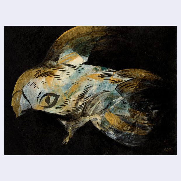 Painting on black of a bird, colored with blue and gold bold brush strokes.