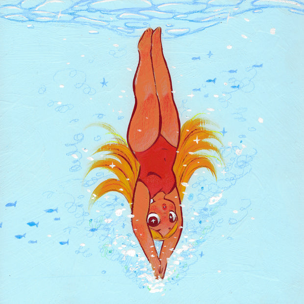 Illustration of a tan, blonde woman diving through a body of light blue water. She is completely upside down and wears a red one piece bathing suit. Small fish swim around her.