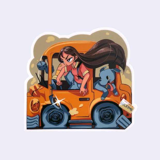 Die cut sticker of a girl with long, flowing brown hair standing out the window while driving a crashing orange car. A cute dog hangs its tongue out the window.