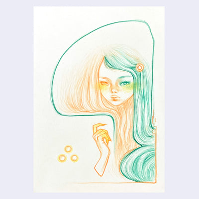 Orange and green colored pencil drawing on paper of a girl with half and half hair. She has one hand visible.