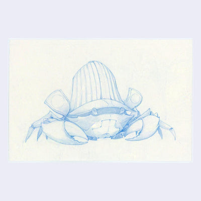 Blue pencil drawing on cream colored paper of a crab with a samurai style hat atop its head.