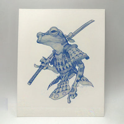 Illustration of a frog dressed as a samurai in traditional armor, yielding a kitana.