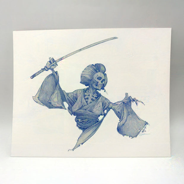 Illustration in blue pencil of the upper half of a skeleton, dressed like a geisha and yielding a samurai sword.