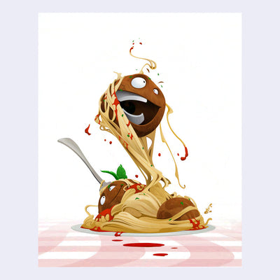 Illustration of a goofy cartoon meatball, emerging from a plate of spaghetti.