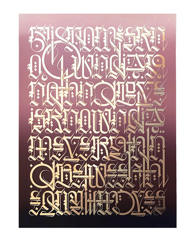 Screenprint on ombre paper, dusty purple to black. Gold colored abstract lettering covers nearly the entire paper. The lettering is very artistic, looking like old english but without specifically comprehensive letters or words.