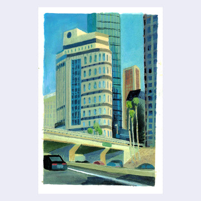 Plein air painting of Downtown LA, with large buildings towering over a freeway and against a blue sky.
