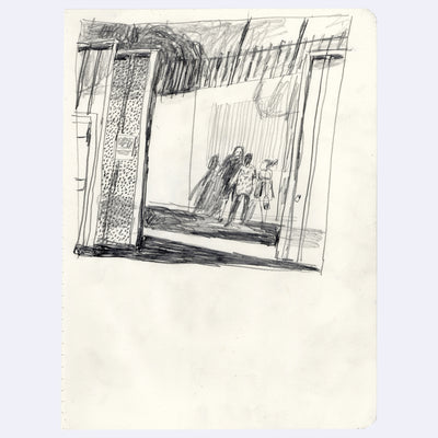 Stylistically messy graphite drawing of a group of people standing in an alley way behind a gate.