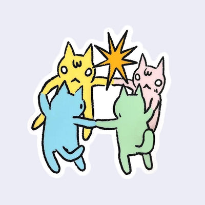 Die cut sticker of 4 pastel colored cats, holding hats and dancing in a circle. A gold star shines over them.