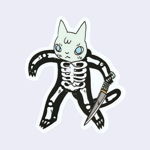 Die cut sticker of a cartoon cat wearing a skeleton suit and holding a knife.