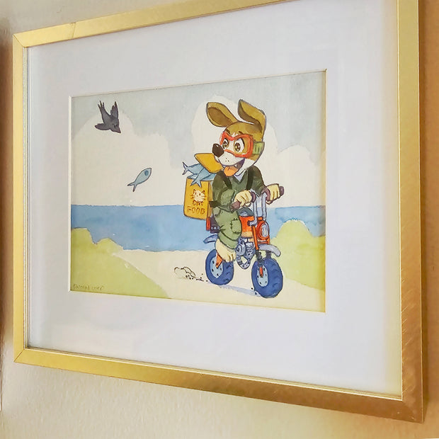 Watercolor painting of a dog riding a bicycle, with a box on his back full of fish. Side says "Cat food."