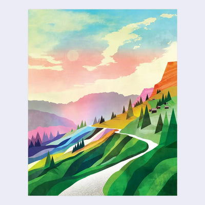 Color block style illustration of a mountainside road, with lots of greenery and simplistic triangle shapes as pine trees. The sky is a warm blue and pink sunset.