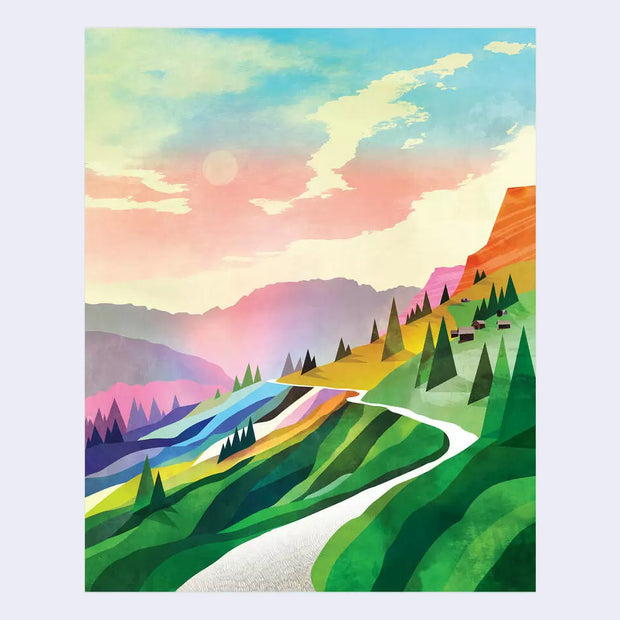Color block style illustration of a mountainside road, with lots of greenery and simplistic triangle shapes as pine trees. The sky is a warm blue and pink sunset.