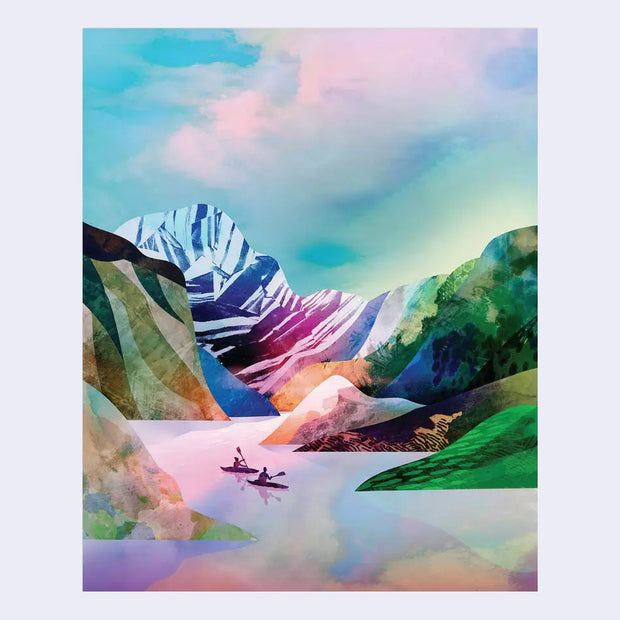 Color block style illustration of a a mountain side river, with 2 small people kayaking under a blue and pink sky.