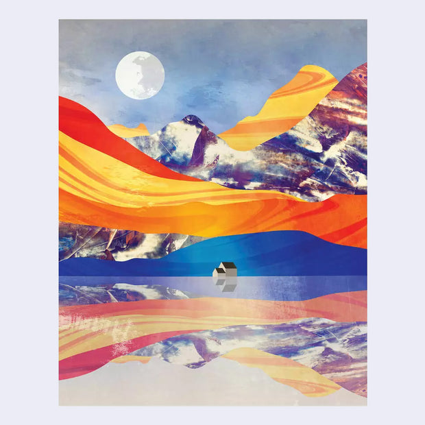 Color block style illustration of a small house in front of a large orange and purple mountain, with a body of water casting the scene's reflection.