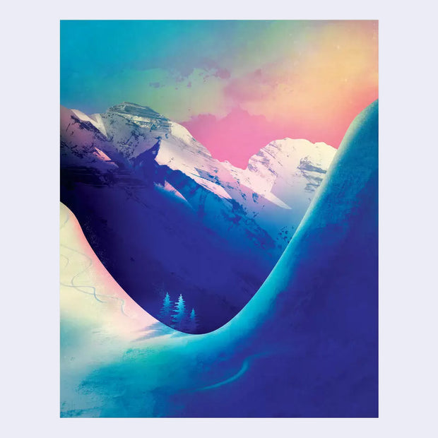 Color block style illustration of a winter mountain landscape, with stark blue shadows and a pinkish sunset.