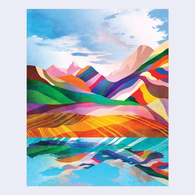 Color block style illustration of a mountain scene on a summer day being reflected into the body of water in front of it.