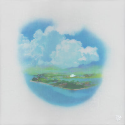 Illustration of a far away view of a coastal island, likely Hawaii, with bright greenery and blue water and skies. Large clouds are in the sky and the scene is only partially visible and hazy, like a memory.