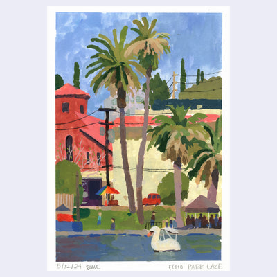 Plein air painting of Echo Park Lake, with palm trees and a white swan boat in the water. 