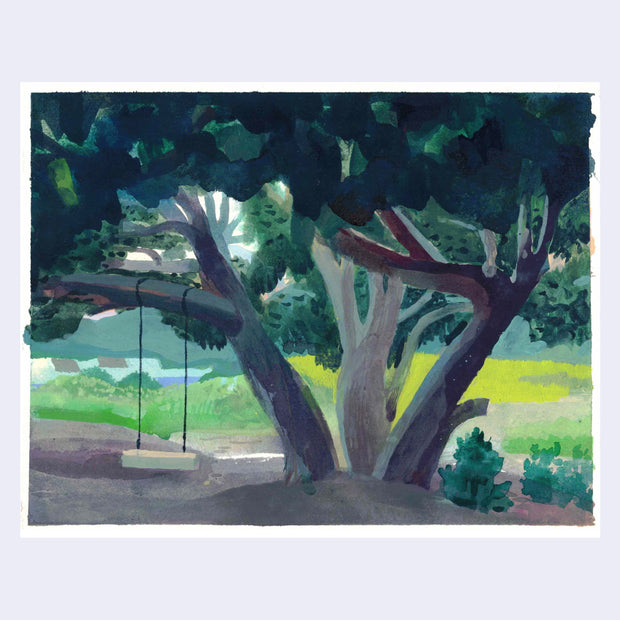 Plein air painting of a large tree with a wooden swing hanging from one of its thick branches.