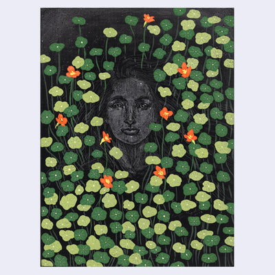 Painting of a series of green clover leaves with sparse orange flowers. Background is black and a woman's face is slightly visible, looking at the viewer sternly.