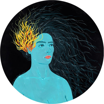 Painting on circular panel of a blue woman with wild hair, half of it set ablaze. She has a calm expression on her face and looks off to the side and is only visible from her chest up. Background is solid black.