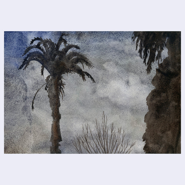 Watercolor painting of a gloomy dark sky with large palm tree silhouettes.