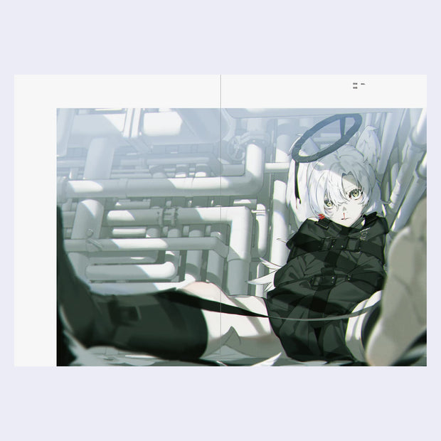 Page excerpt, featuring an illustration of a girl with white hair, a black halo and black street clothes sitting on the ground in front of a network of neat white pipes.