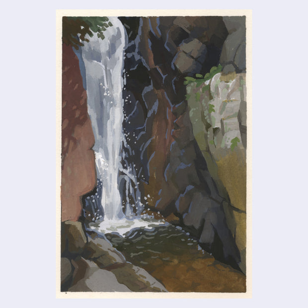 Plein air painting of a waterfall in between a row of tall dark colored brown rocks.