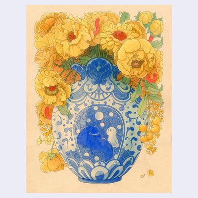 Illustration of a blue vase with ornate patterning and a central image of a large blob with a simplistic round headed character, sitting next to one another. Coming out the vase are many large yellow flowers.