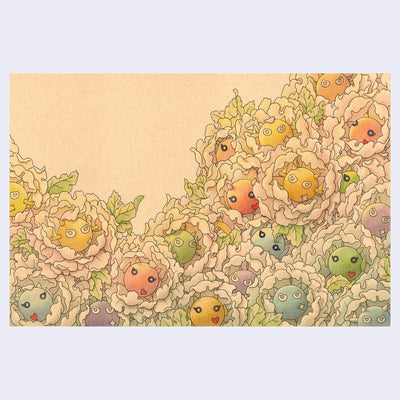 Drawing of many white camellia style flowers on tan toned paper. In the middle of each flower is a pastel colored round robot head, with eyes and no other facial features.