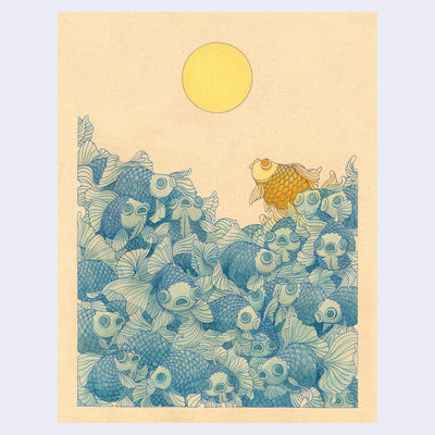 Illustration on tan toned colored paper of a sea of blue goldfish, all with large eyes and open mouths. Appearing out the top is a golden colored fish, looking towards the sun in the sky.