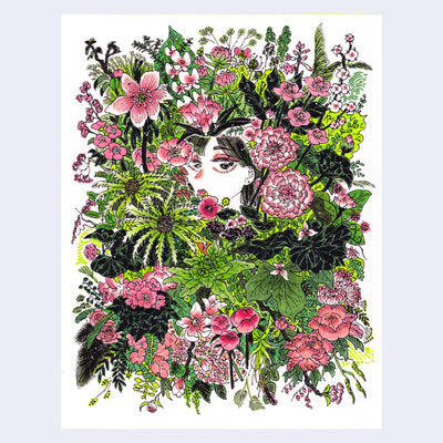 Illustration with black ink line art and bright pink and green colorings, of a woman's face mostly obstructed by a large mass of green plants and pink flowers of all different kinds, covering her like a hedge with only a small hole for her face to peek through.