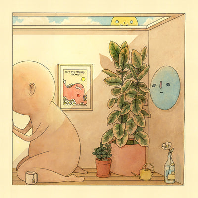 Ink and watercolor drawing on cream paper of a sunny interior of a room, with a large sky light. There are houseplants, a framed artwork and a blue face mounted on the wall. On the opposite side, a large character peeps through the wall, hiding its face.