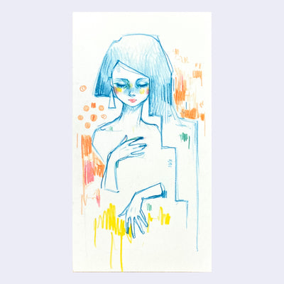 Colored pencil sketch of a girl with short teal hair, looking down with hands covering her unrendered body.