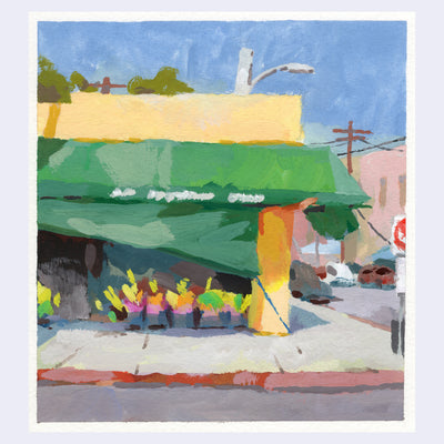 Plein air painting of a flower shop, half indoors and half outdoors with bins filled with flowers on the sidewalk. A green awning shades the shop.