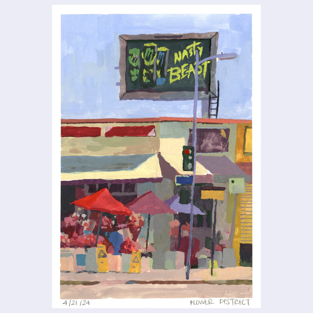 Plein air painting of a flower market, set up on the corner of a street with red and purple umbrellas. A large billboard is behind the building, reading "Nasty beast" and advertising energy drinks.