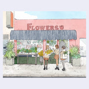 Ink and watercolor illustration of a flower shop exterior, with 3 girls standing in front of it in matching outfits. One holds a bouquet of yellow flowers and the other has a green plant in her bag.