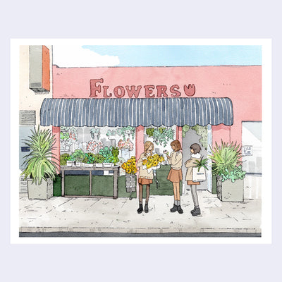 Illustration of 3 girls standing outside of a flower shop.
