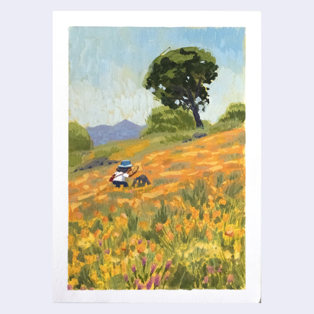 Plein air painting of a poppy field in full bloom, with a blue sky and some large bushes and trees in the background. A person is in the field, taking a photo with their phone.
