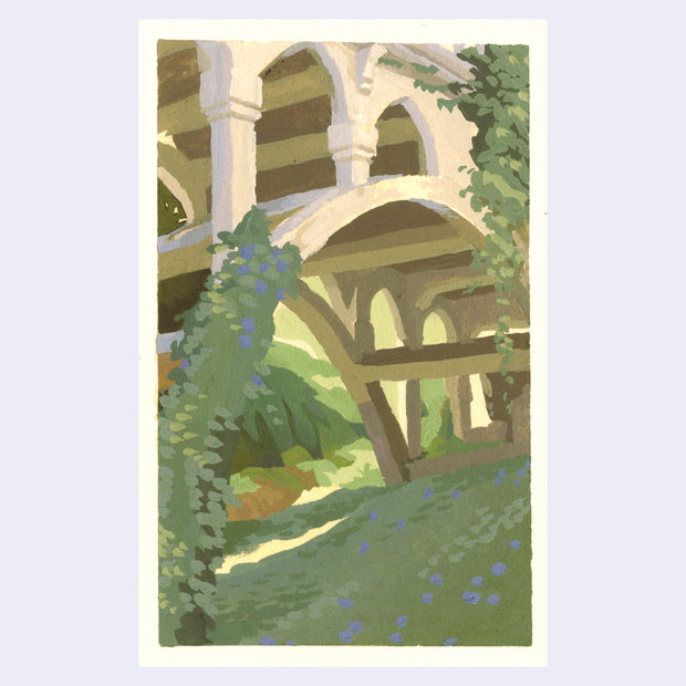 Plein air painting of the underside of a large arched bridge with greenery covering the ground below it and growing on the bridge supports.