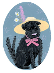 Painting of a small black dog in a wide brimmed yellow hat with a pink feather coming out of it.