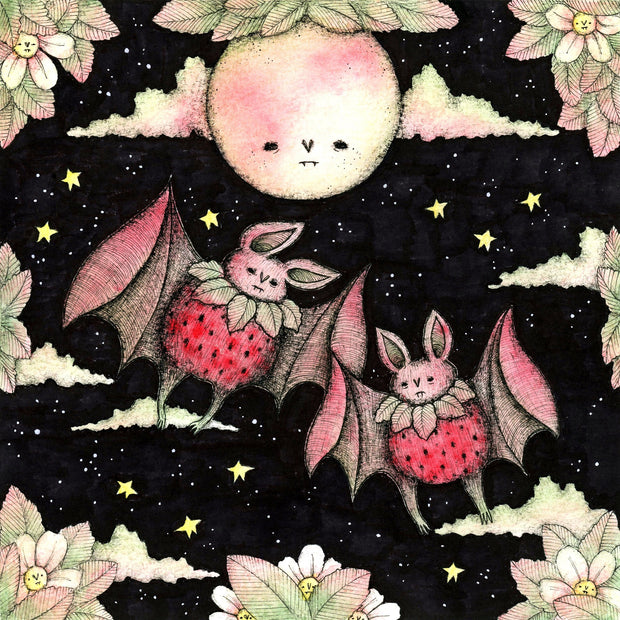 Illustration of 2 bats with strawberries for a body flying through the night sky.