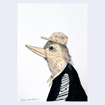 Ink doodle of a bird sitting in profile view, faced to the right and wearing a baseball hat.
