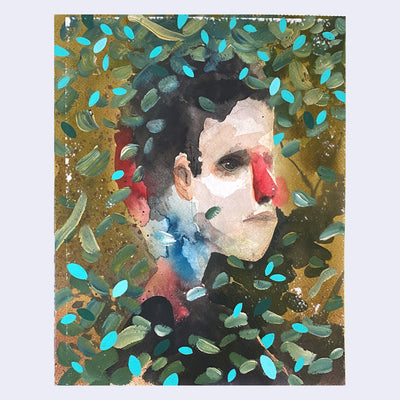 Painting sketch of a person with a red nose, looking off to the side with many green leaves falling around him.