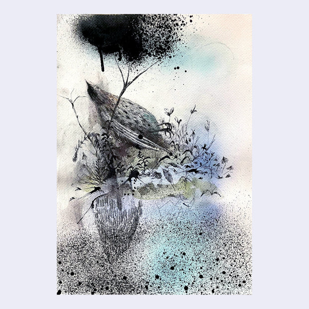 Abstract illustration with many black ink splatters and blue ink blots in the background.