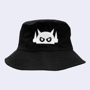 Black bucket hat with a white embroidered logo of a robot head, with black angry eyes.