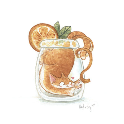 Watercolor painting of an orange cat in a clear glass, with its tail intertwined with an orange peel. It has an orange slice and mint on the rim of the glass.