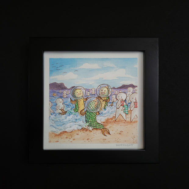 Watercolor painting of a beach scene with fish people wearing space helmets and emerging from the water. Surprised beach patrons look on.