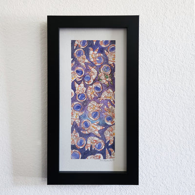 Rectangular watercolor painting, of a pattern of many space suited astronauts, floating in a purple galaxy background. Piece is in thick black frame.